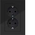 Hager WAS2277BG Doppelsteckd. SCHUKO m. Abdeckpl., ho., erh. Ber.schutz, St.-kl.,A.8, schwarz gl 