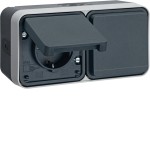 Hager WNC182 Steckdose SCHUKO AP 2fach waagerecht mit Klappd., 4 Leitungseinf.,W.1 IP55,grau 